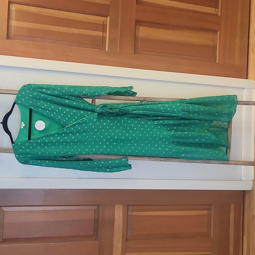Green maxi wrap dress with gold metallic details. Size L.